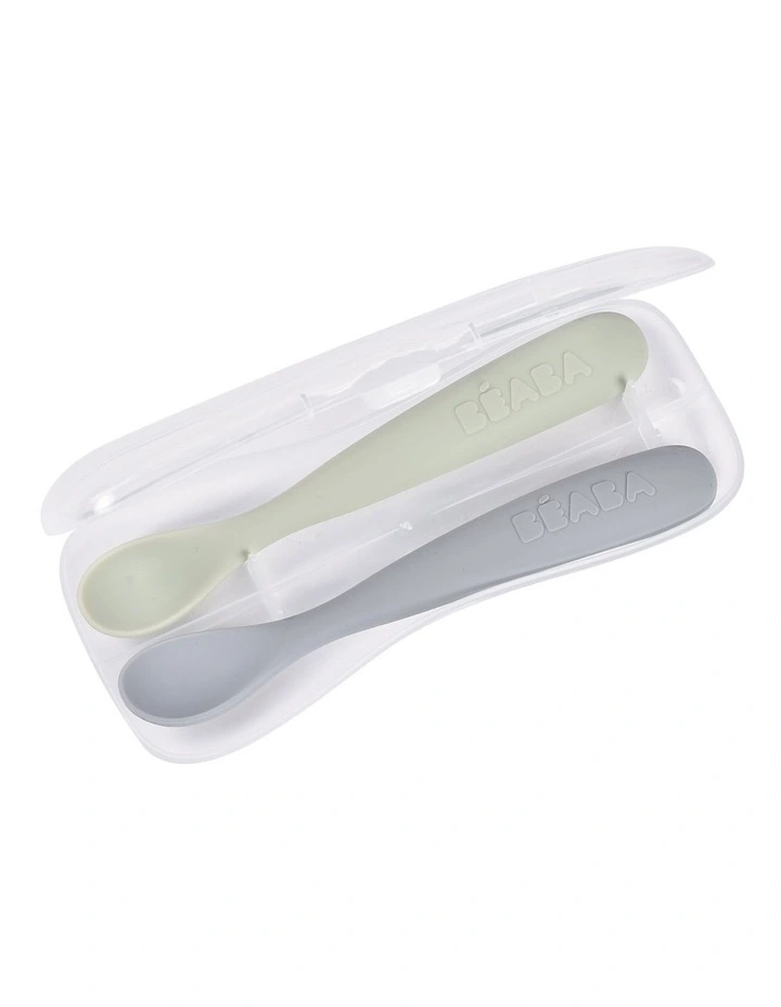 1st Stage Silicone Spoons & Case 2 Pack - Misty Green/Pebble image 1