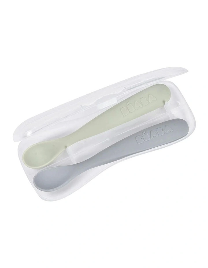 1st Stage Silicone Spoons & Case 2 Pack - Misty Green/Pebble image 2