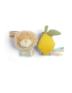 2pc Mamas & Papas Babyplay Wrist Rattles Lion Lemon Soft Fabric Set 0m 