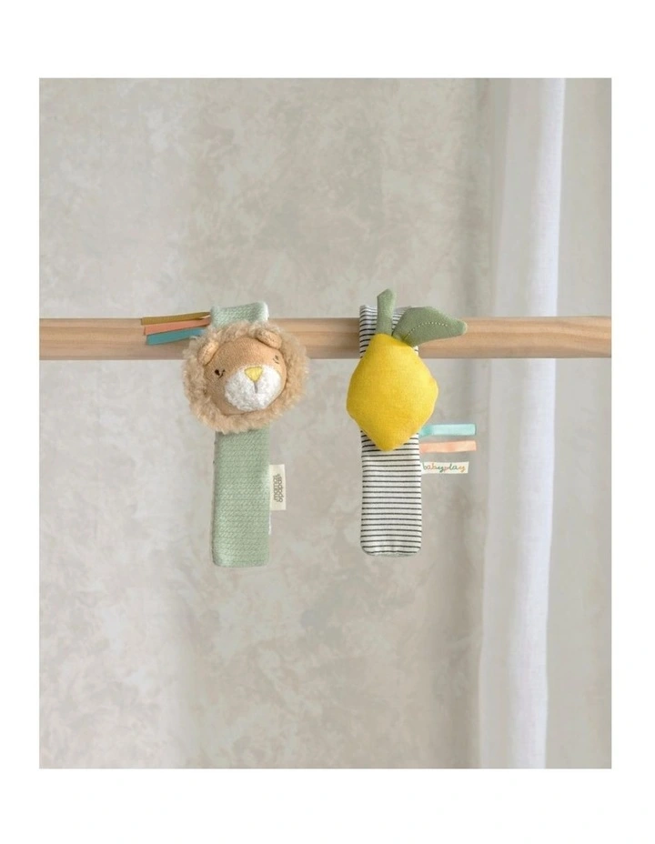 2pc Mamas & Papas Babyplay Wrist Rattles Lion Lemon Soft Fabric Set 0m  image 2