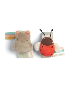 2pc Mamas & Papas Babyplay Wrist Rattles Hippo Ladybird Soft Fabric Set 0m 
