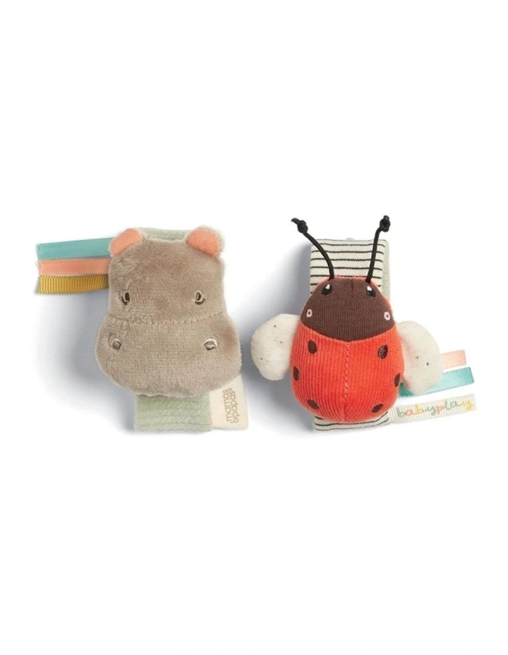 2pc Mamas & Papas Babyplay Wrist Rattles Hippo Ladybird Soft Fabric Set 0m  image 1