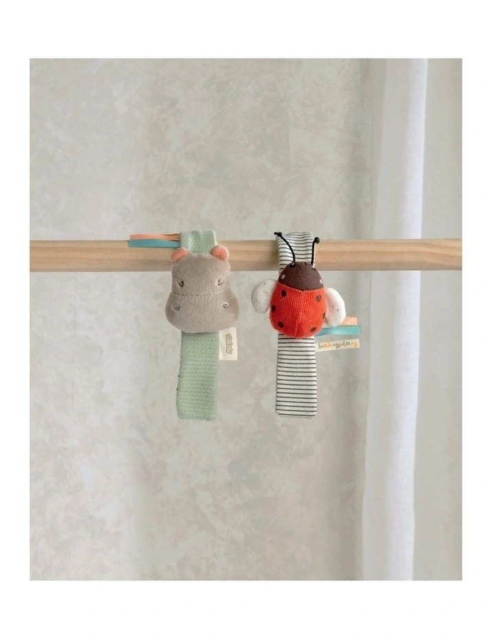 2pc Mamas & Papas Babyplay Wrist Rattles Hippo Ladybird Soft Fabric Set 0m  image 2
