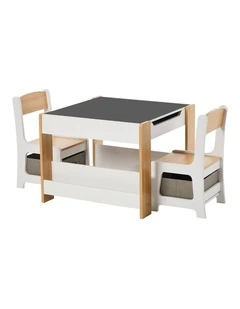 Oikiture Kids Table and Chairs Set Chalkboard Drawing Toys Storage Bookshelf