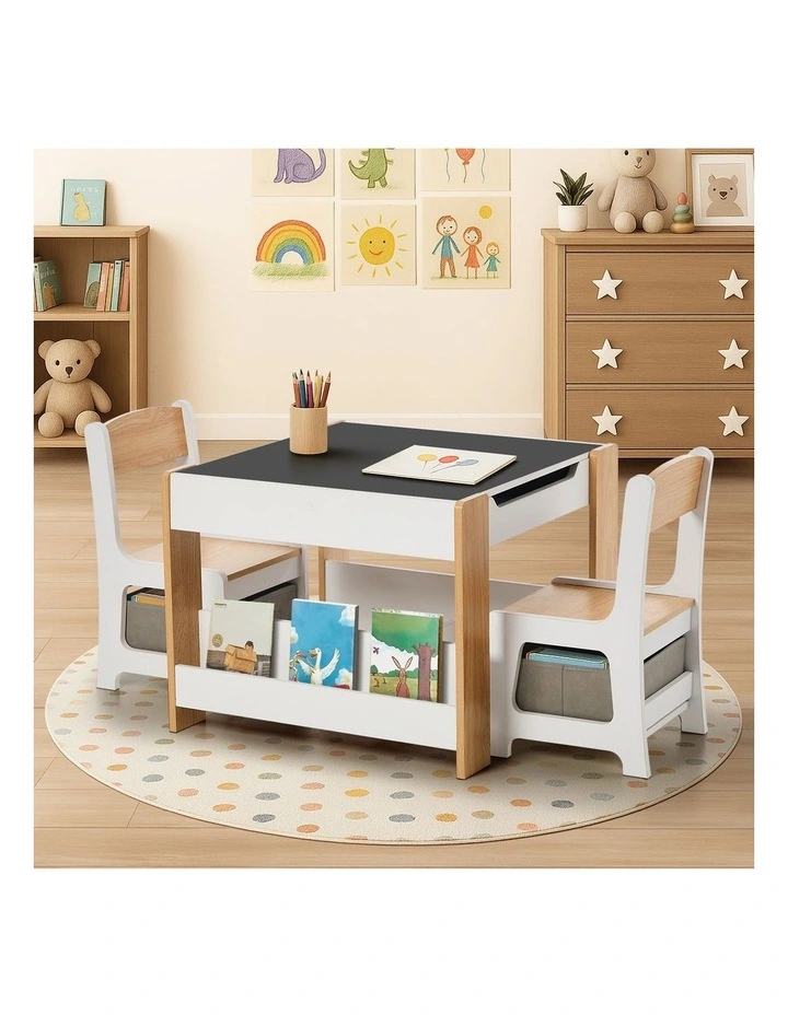 Oikiture Kids Table and Chairs Set Chalkboard Drawing Toys Storage Bookshelf image 4