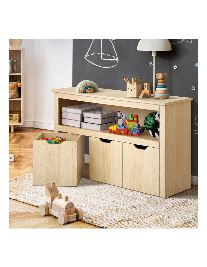 Oikiture Kids Toy Storage Cabinet Bookshelf With Portable Storage Box Natural image 4