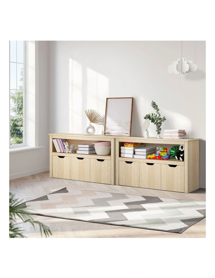 Oikiture Kids Toy Storage Cabinet Bookshelf With Portable Storage Box Natural image 5