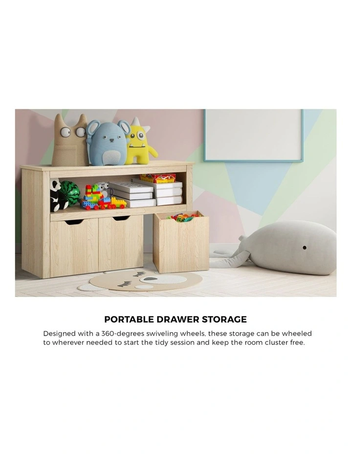 Oikiture Kids Toy Storage Cabinet Bookshelf With Portable Storage Box Natural image 6