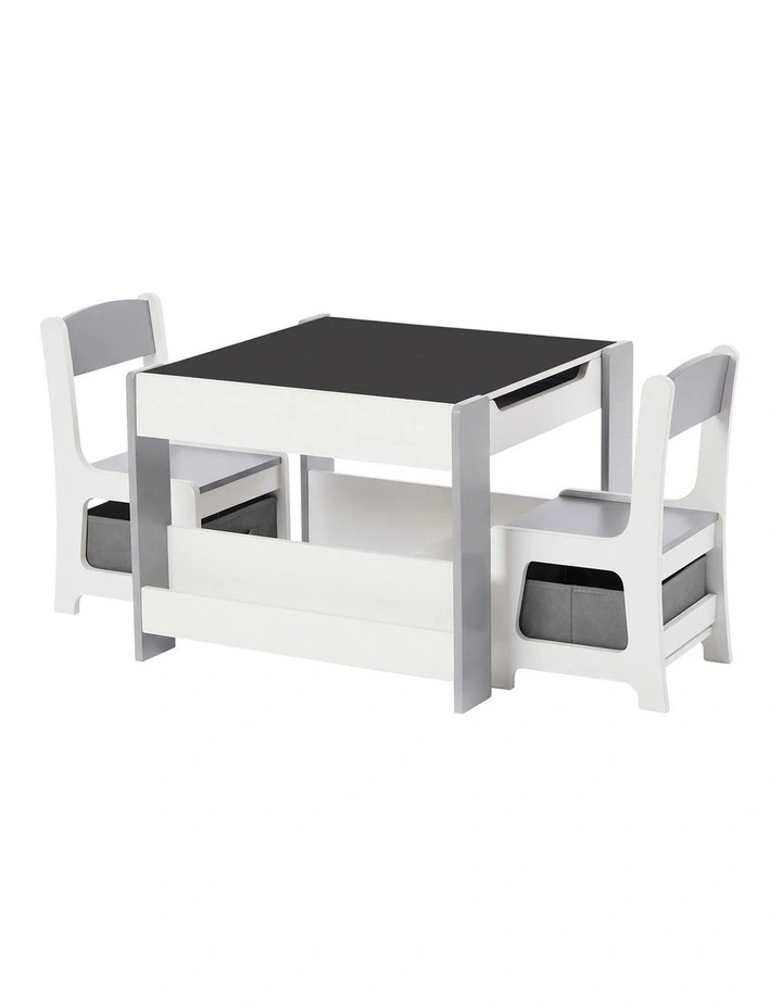 Oikiture Kids Table and Chairs Set Chalkboard Drawing Toys Storage Grey image 1