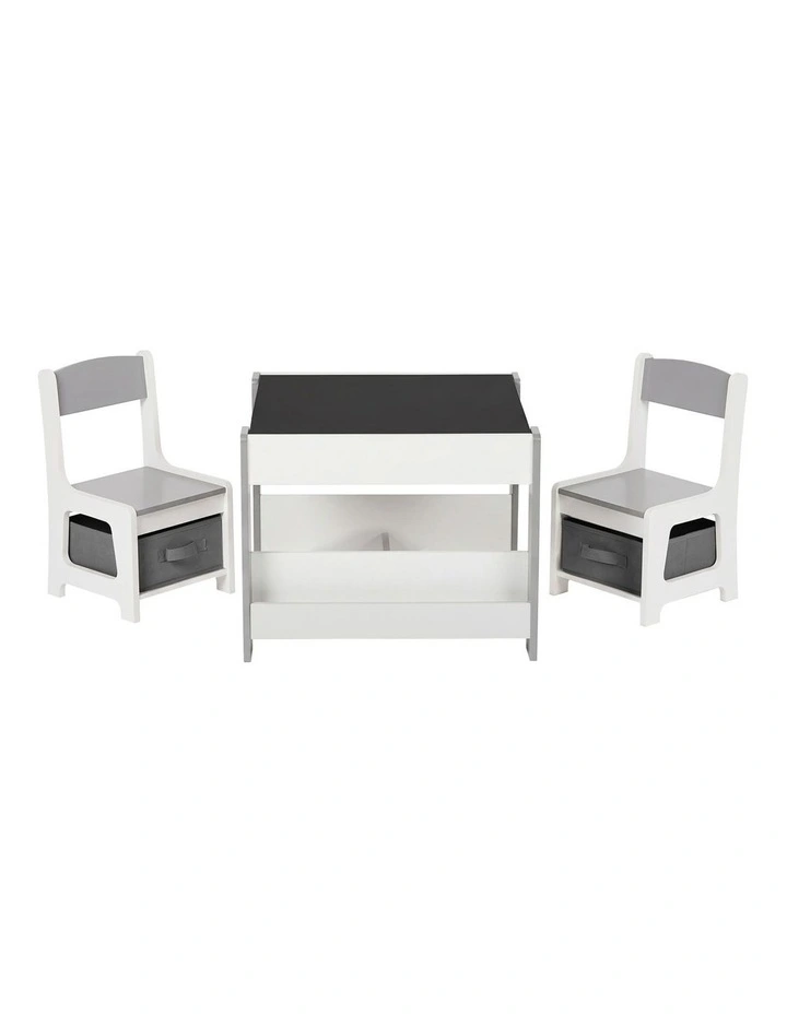 Oikiture Kids Table and Chairs Set Chalkboard Drawing Toys Storage Grey image 2