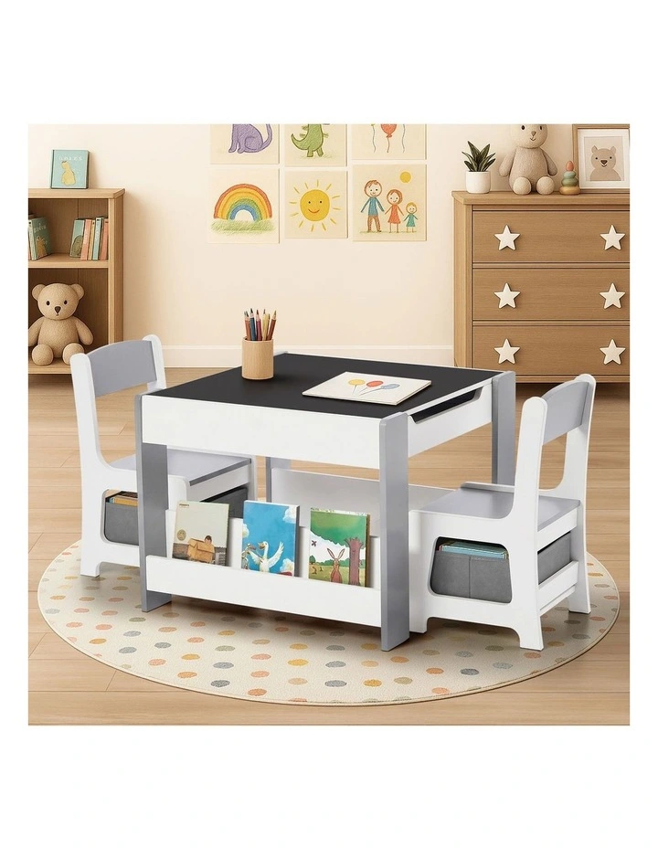 Oikiture Kids Table and Chairs Set Chalkboard Drawing Toys Storage Grey image 4