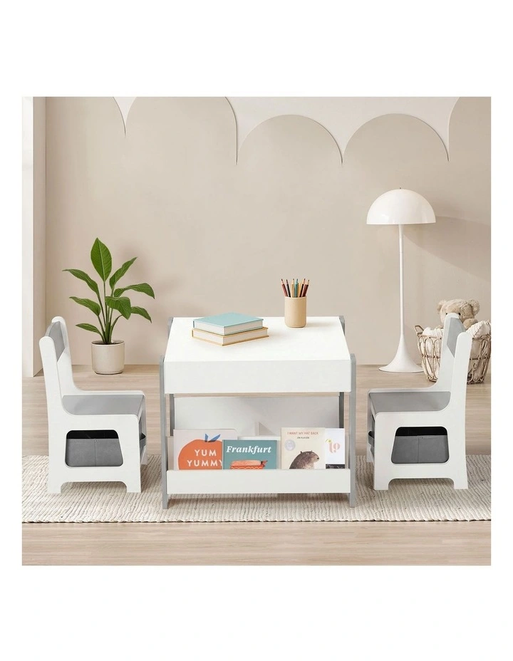 Oikiture Kids Table and Chairs Set Chalkboard Drawing Toys Storage Grey image 5