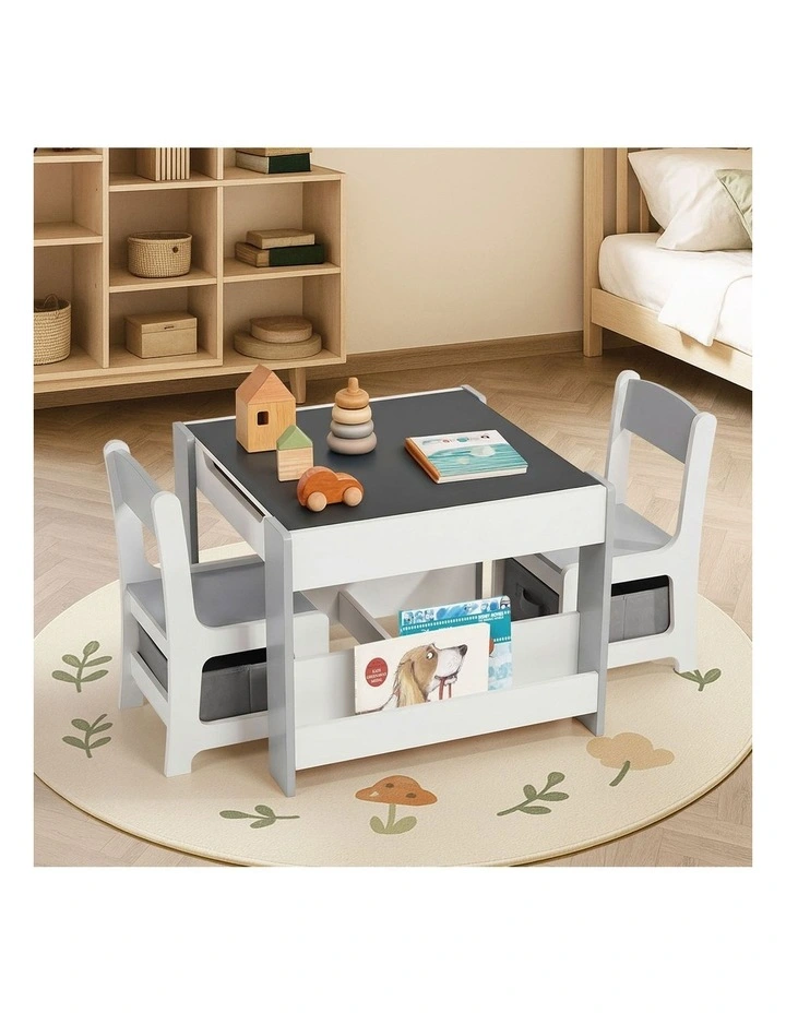Oikiture Kids Table and Chairs Set Chalkboard Drawing Toys Storage Grey image 7