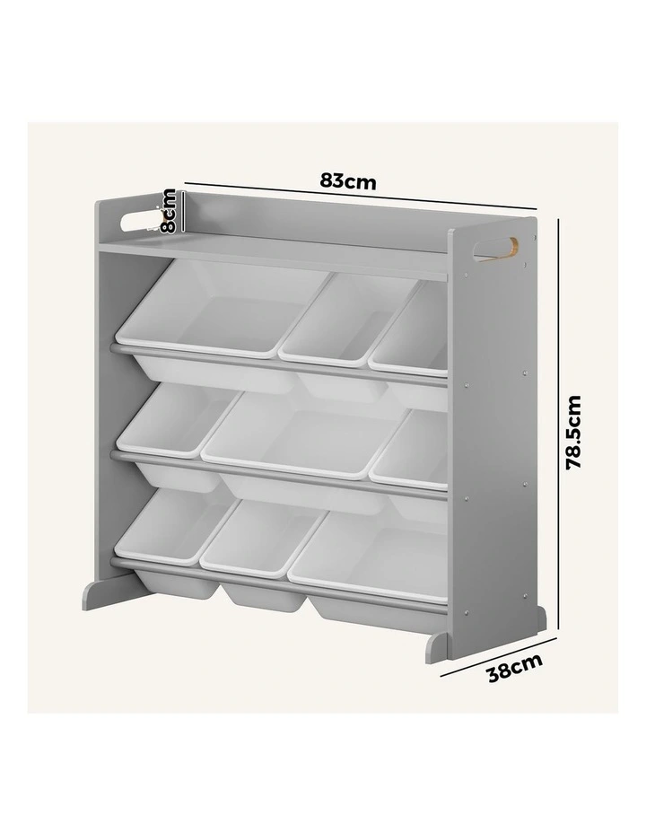 Oikiture 9 Bins Kids Toy Box Bookshelf Storage Organiser Display Shelf Grey image 3