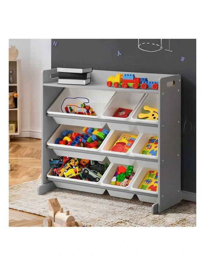 Oikiture 9 Bins Kids Toy Box Bookshelf Storage Organiser Display Shelf Grey image 4