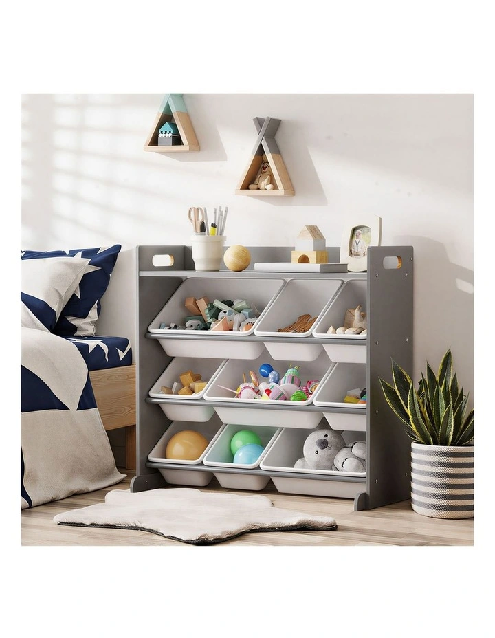 Oikiture 9 Bins Kids Toy Box Bookshelf Storage Organiser Display Shelf Grey image 5
