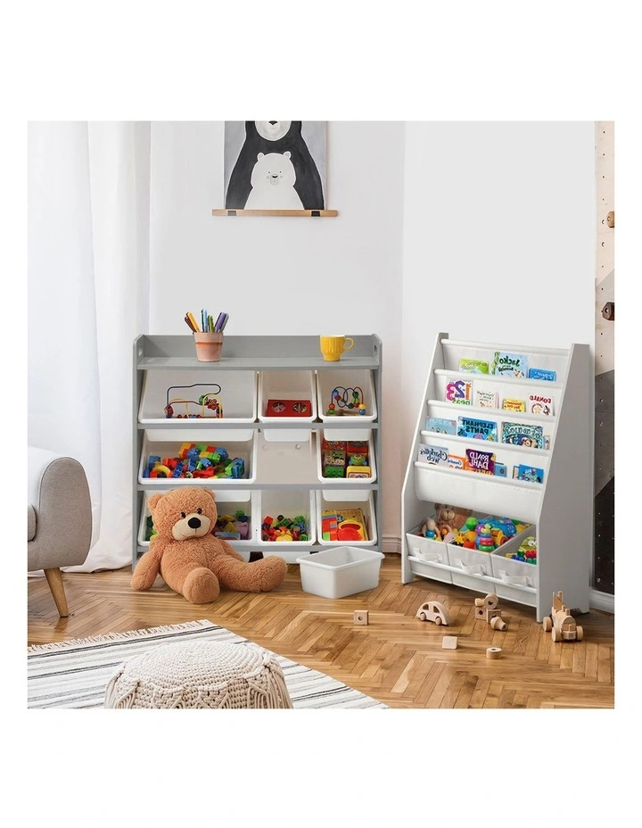 Oikiture 9 Bins Kids Toy Box Bookshelf Storage Organiser Display Shelf Grey image 7