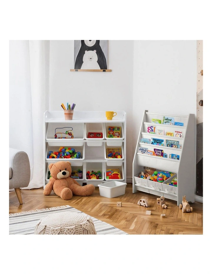 Oikiture 9 Bins Kids Toy Box Bookshelf Storage Organiser Display Shelf White image 7