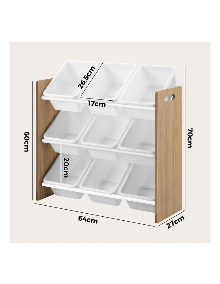 Oikiture Kids Toy Box Organiser 9 Bins Display Shelf Storage Rack Natural White image 3