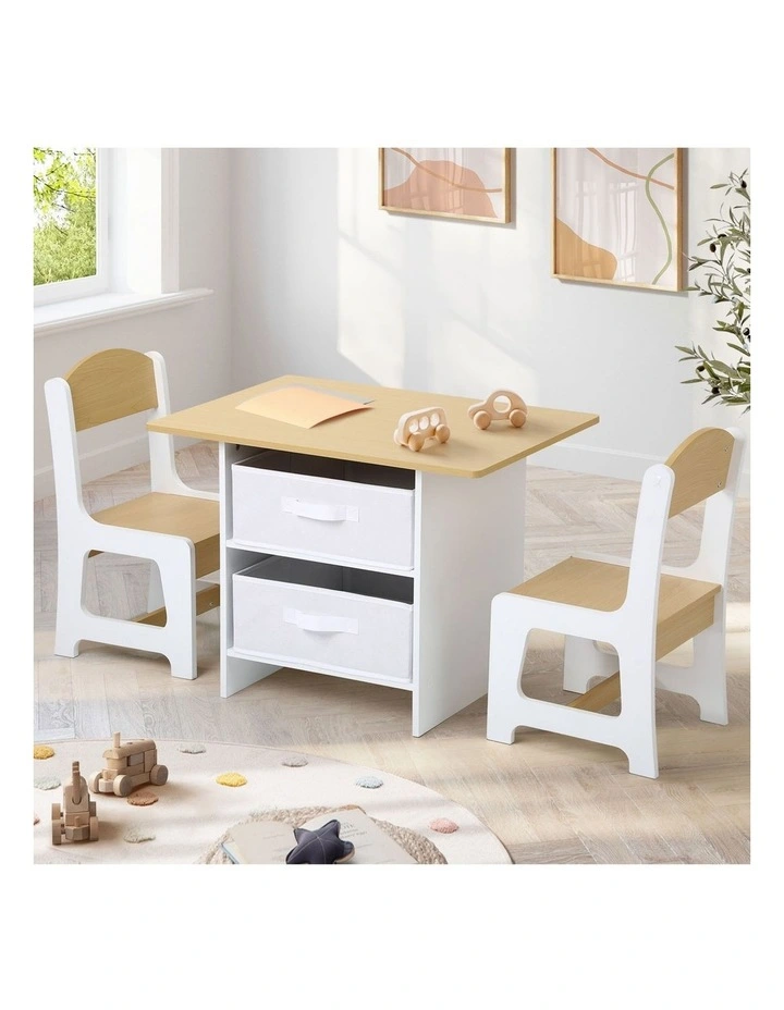 Oikiture Kids Table and Chairs Set Wooden Play Study Desk with Toy Storage Box image 4