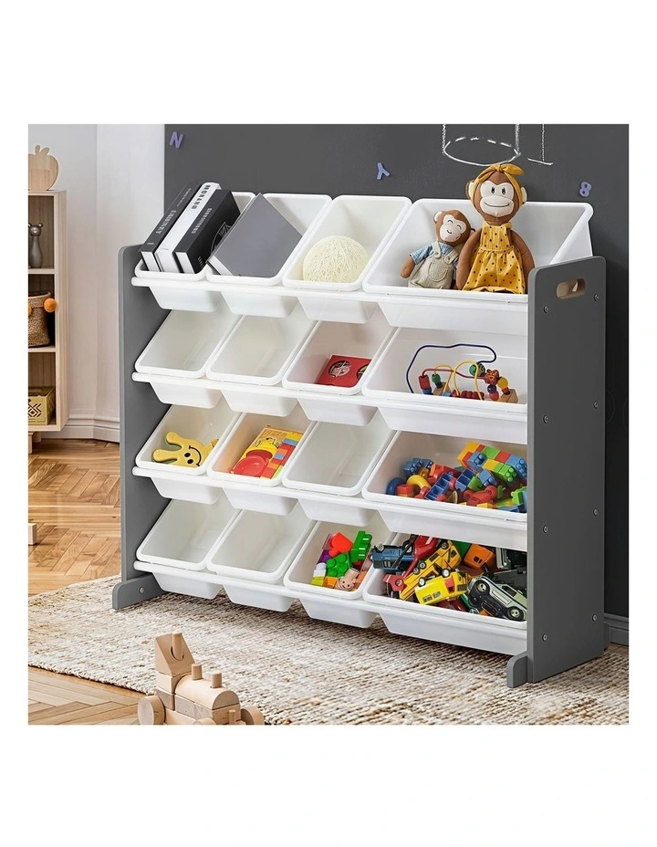 Oikiture Kids Toy Box Organiser 16 Bins Display Shelf Removable Drawer Grey image 4