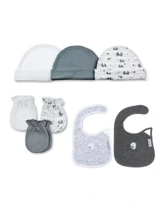8pc Elephant Baby Knitted Caps Mittens Bibs 0-6M Set Grey