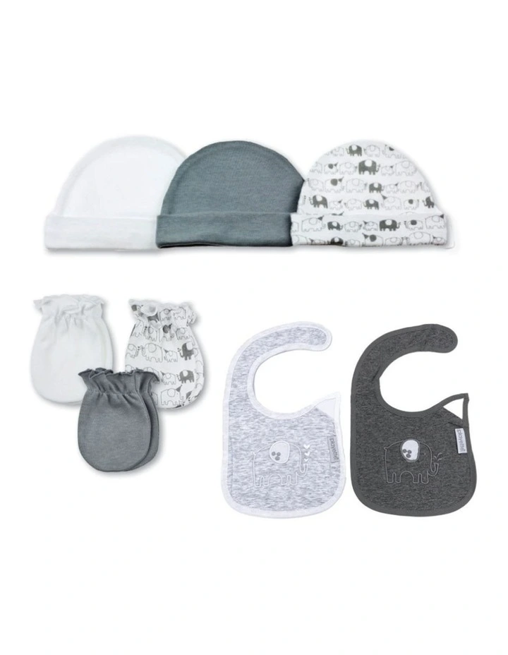 8pc Elephant Baby Knitted Caps Mittens Bibs 0-6M Set Grey image 1