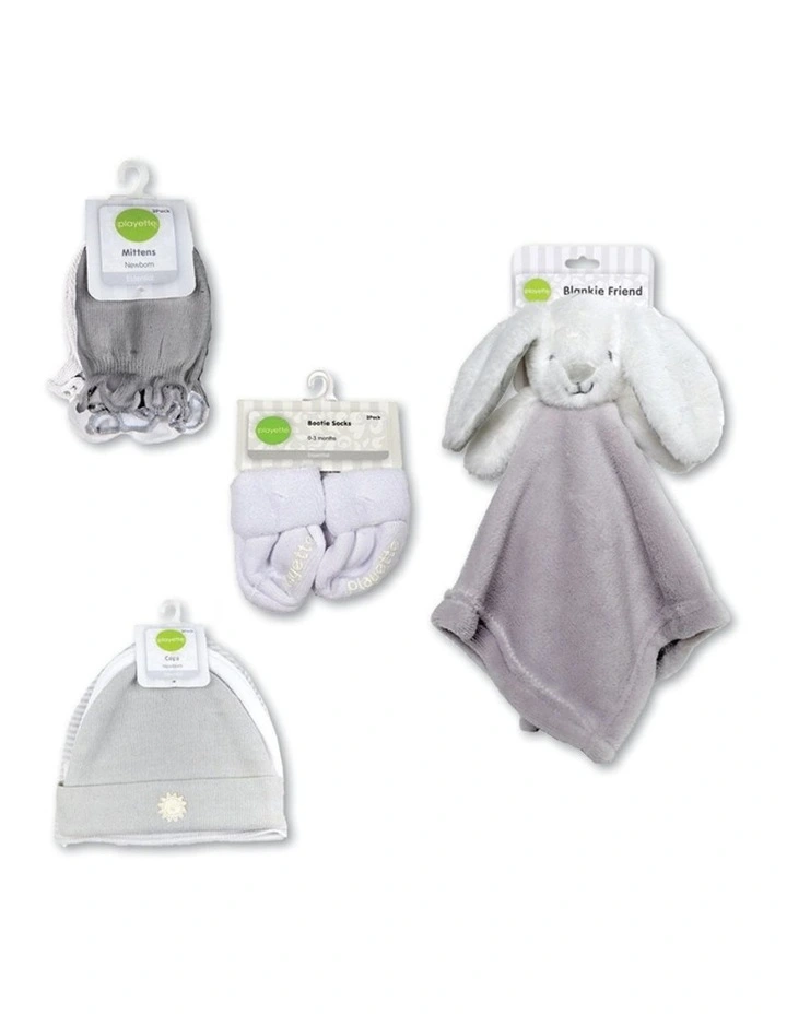 4pc Newborn Essential Caps Mittens Socks Blankie Set 0-6m Grey image 1