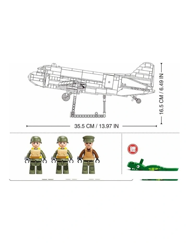 Sluban B1366 Model Kit 1:44 C47 Skytrain Airtrain Cargo Transport Aircraft WWII Air Force Building image 2