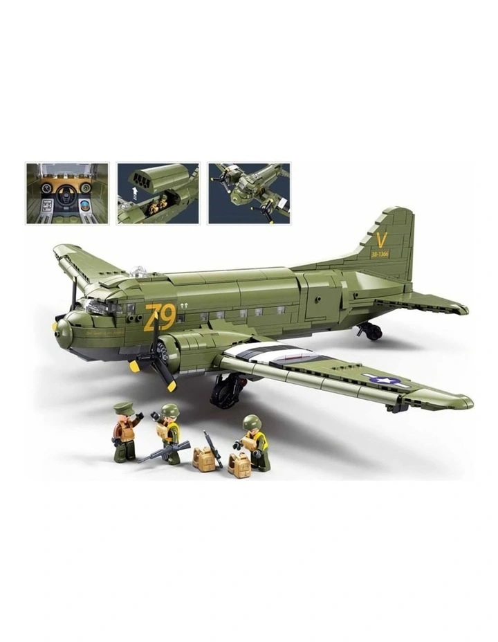 Sluban B1366 Model Kit 1:44 C47 Skytrain Airtrain Cargo Transport Aircraft WWII Air Force Building image 3