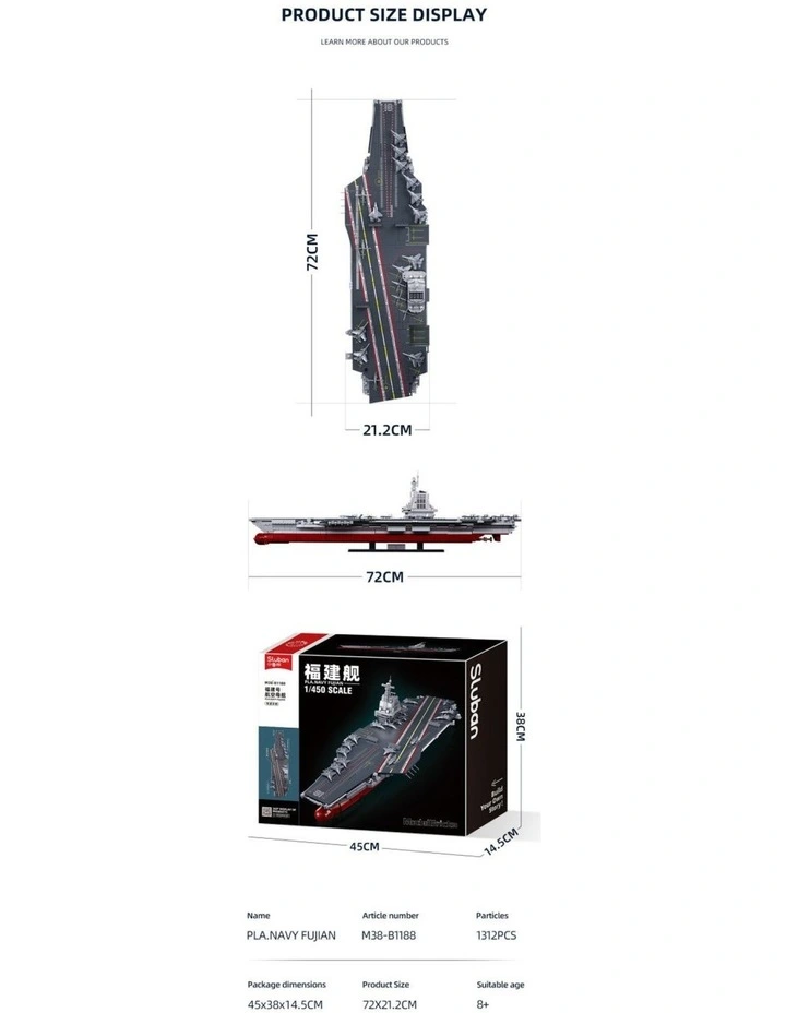Sluban B1188 Model Kit 1:450 Aircraft Carrier Fujian Type 003 Chinese PLAN Warship Navy Vessel Boat image 2
