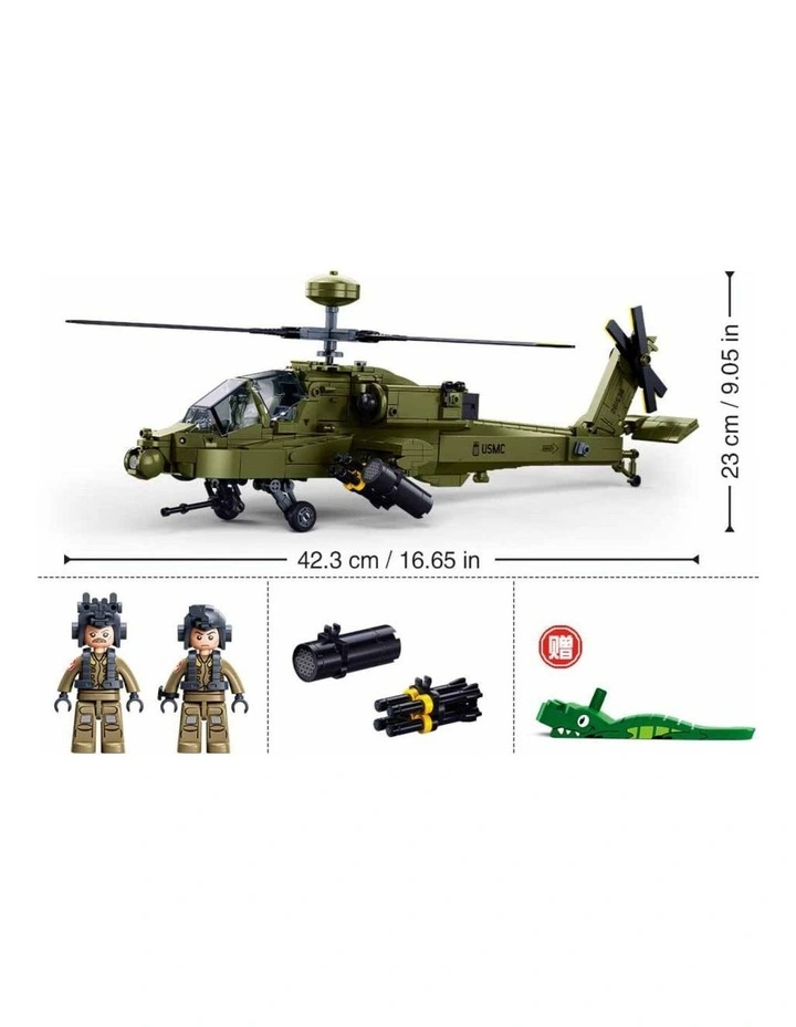 Sluban B1536 Model Kit 1:44 AH-64D Apache Attack Helicopter Chopper Gunship Army Military Air Force image 2