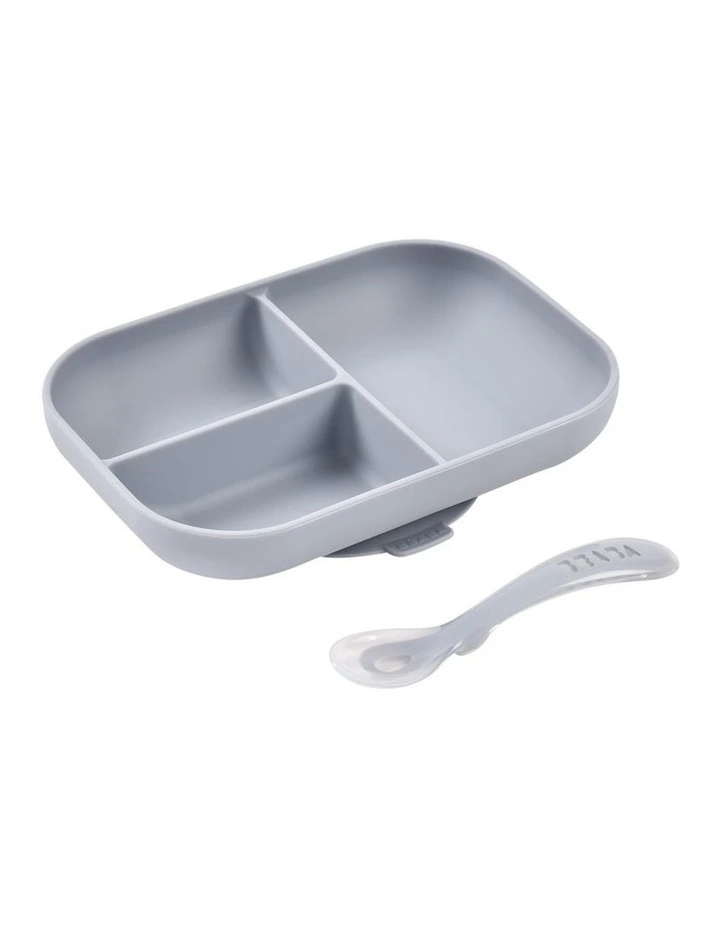 Silicone Suction Divided Plate & Spoon - Pebble image 1