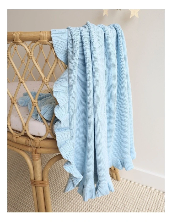 Baby Blue Ruffle Knit Organic Baby Blanket image 2
