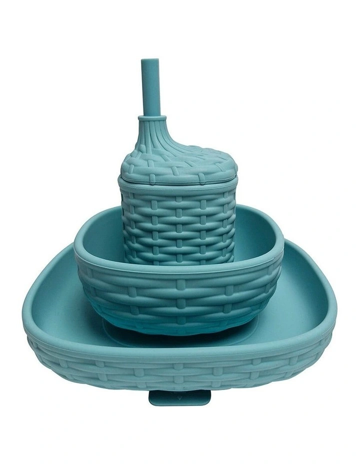 3pc Annabel Trends Silicone Rattan Dinner Set Baby Toddler Aqua Colour image 1