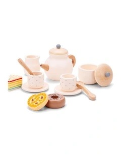 14pc New Classic Toys Wooden Tea Set Kids Pretend Play Toy Cream 24m 
