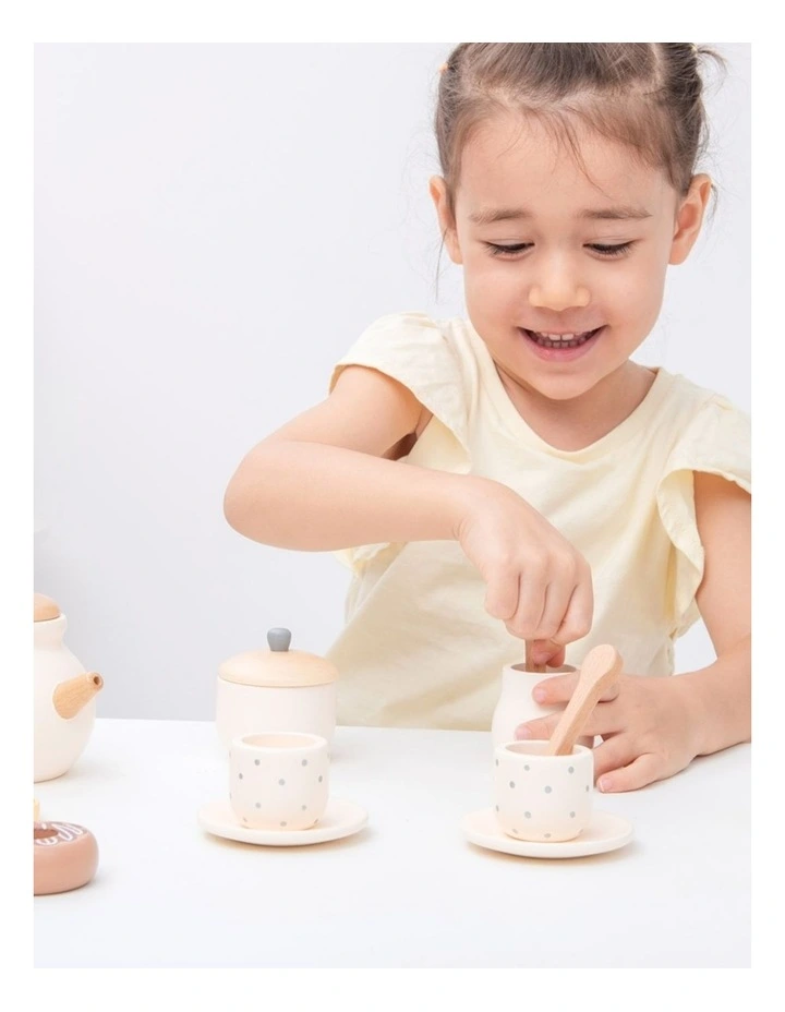 14pc New Classic Toys Wooden Tea Set Kids Pretend Play Toy Cream 24m image 3