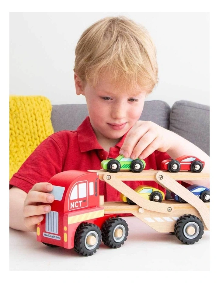 New Classic Toys Wooden Car Transporter with 4 Vehicles 27cm Kids Toy 12m  image 2