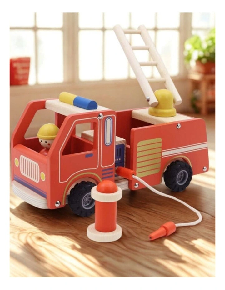Kaper Kidz Wooden Fire Engine Playset with Hose Hydrant Ladder Kids Toy 3y image 2