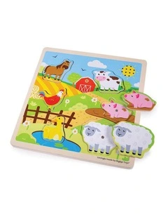 6pc Bigjigs Toys Farm Sound Animal Puzzle Wooden Toy Multicoloured Kids 3y 