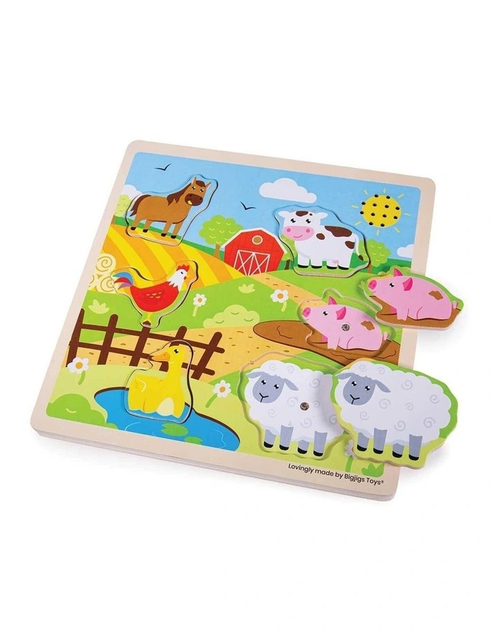 6pc Bigjigs Toys Farm Sound Animal Puzzle Wooden Toy Multicoloured Kids 3y  image 1