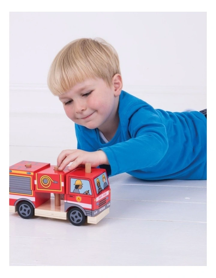 Bigjigs Toys Wooden Stacking Fire Engine Kids Toy 12m Multicoloured Wood image 2