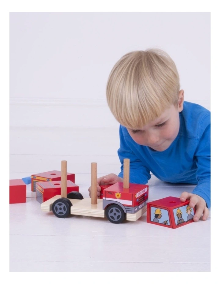 Bigjigs Toys Wooden Stacking Fire Engine Kids Toy 12m Multicoloured Wood image 3