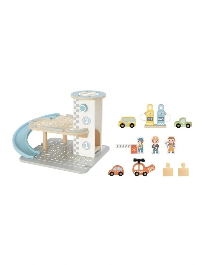Tooky Toy Wooden Parking Garage Playset With Cars Figures And Helicopter 3y image 2