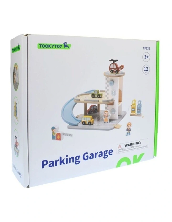 Tooky Toy Wooden Parking Garage Playset With Cars Figures And Helicopter 3y image 3
