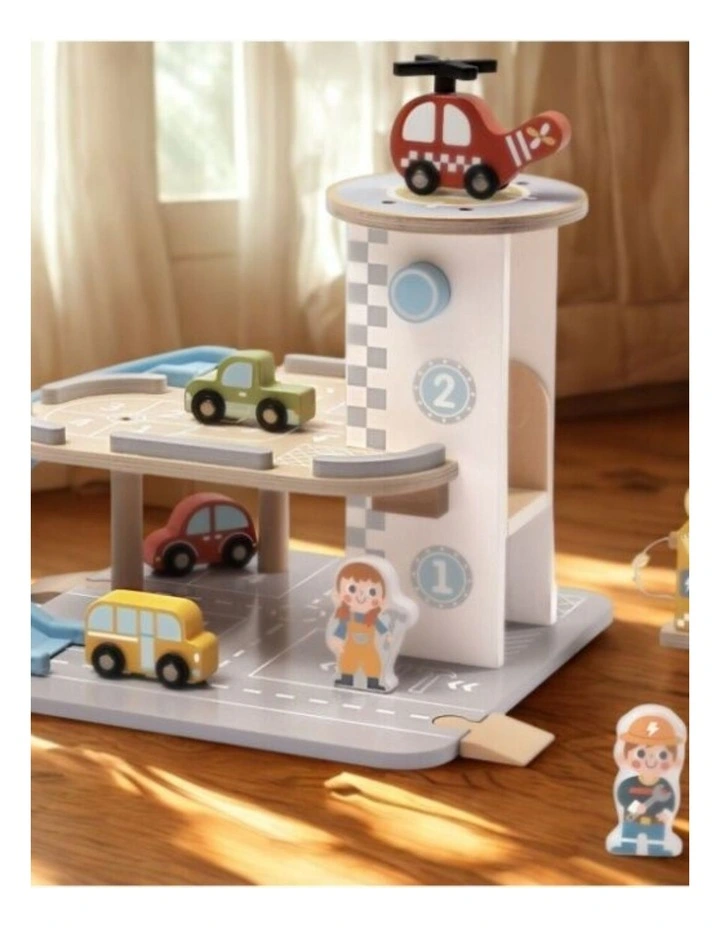 Tooky Toy Wooden Parking Garage Playset With Cars Figures And Helicopter 3y image 4