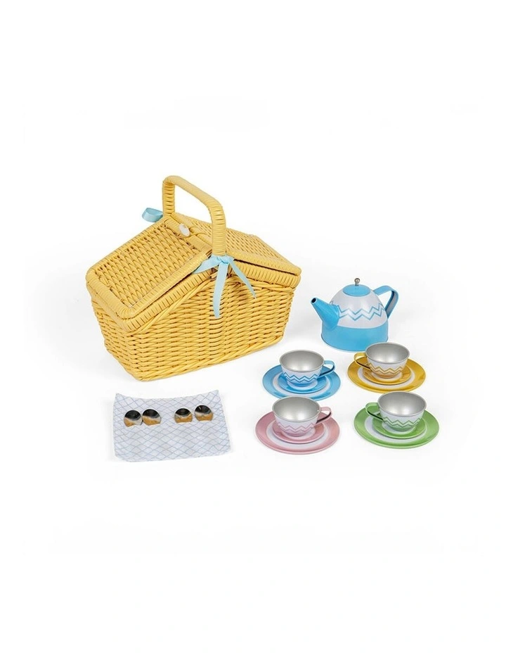 Bigjigs Toys Wooden Picnic Set In Basket Kids Pretend Play Toy 23.5x20.5cm image 1