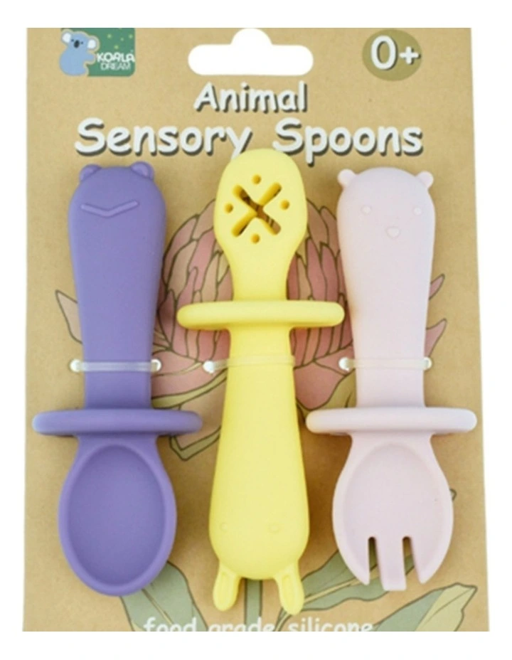 3pc Koala Dream Silicone Animal Sensory Spoons Pink Yellow 0y image 1
