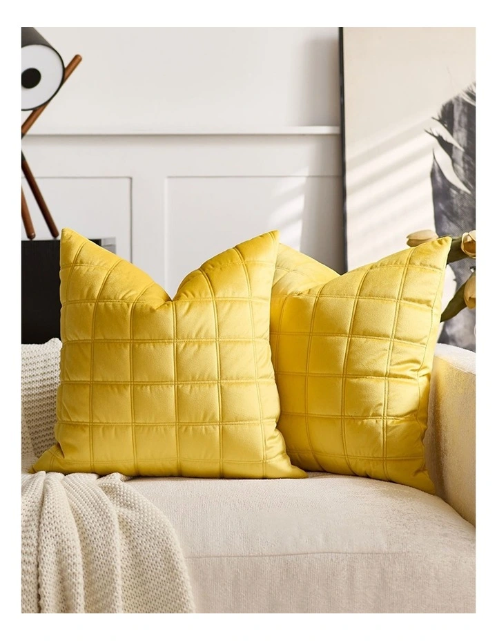 SOGA 2 Pack Yellow Quilted Grid Throw Pillow 50cm image 3