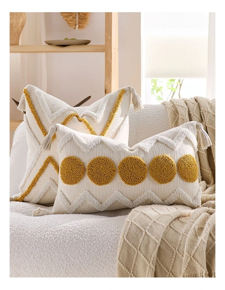 SOGA 2 Pack Cream Yellow Pom Chevron Tassel Throw Pillow 30cm image 3